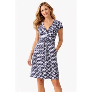 Boden Dress Womens Size 6R Blue Jersey Geometric Print V Neck Casual Work